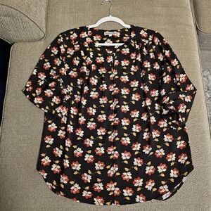 Pleione Black Red Floral Office Career Casual Top Blouse Size Large